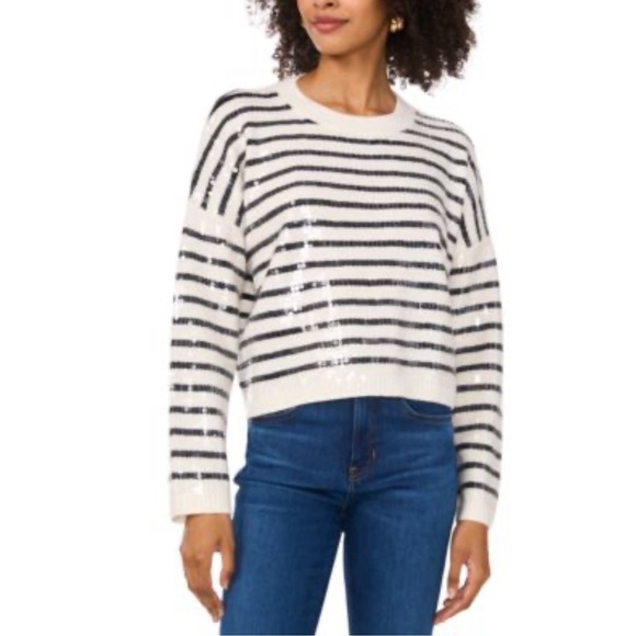 Vince Camuto Sweaters - Vince Camuto Sequin Sweater Size M White Black Shimmery Crew Neck Pullover Women